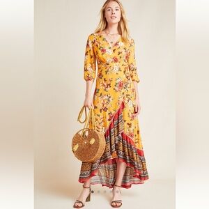 FARM Rio Yellow Floral High-Low Wrap Dress with Red & Multicolor Border